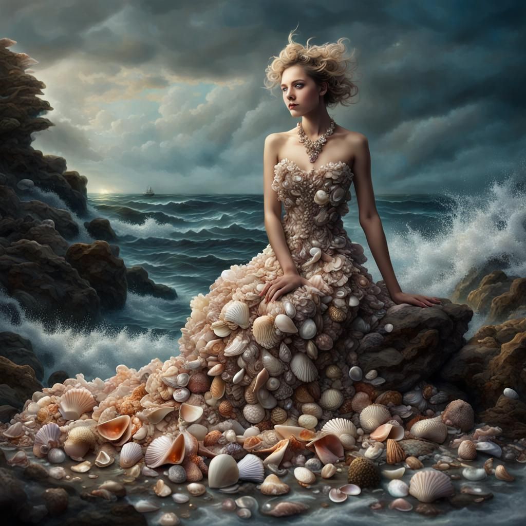 woman wearing a dress made of seashells and corals