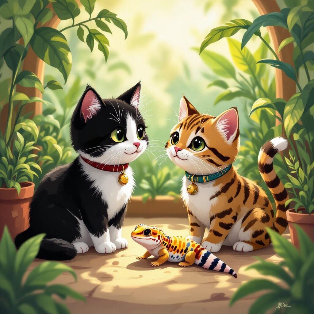 Cats and Gecko: A Beatrix Potter-esque Friendship