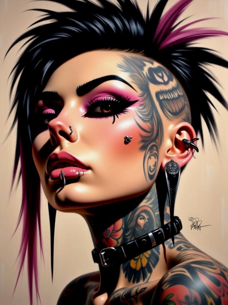 Punk Rock Chick Portrait in Oil and Gouache Style