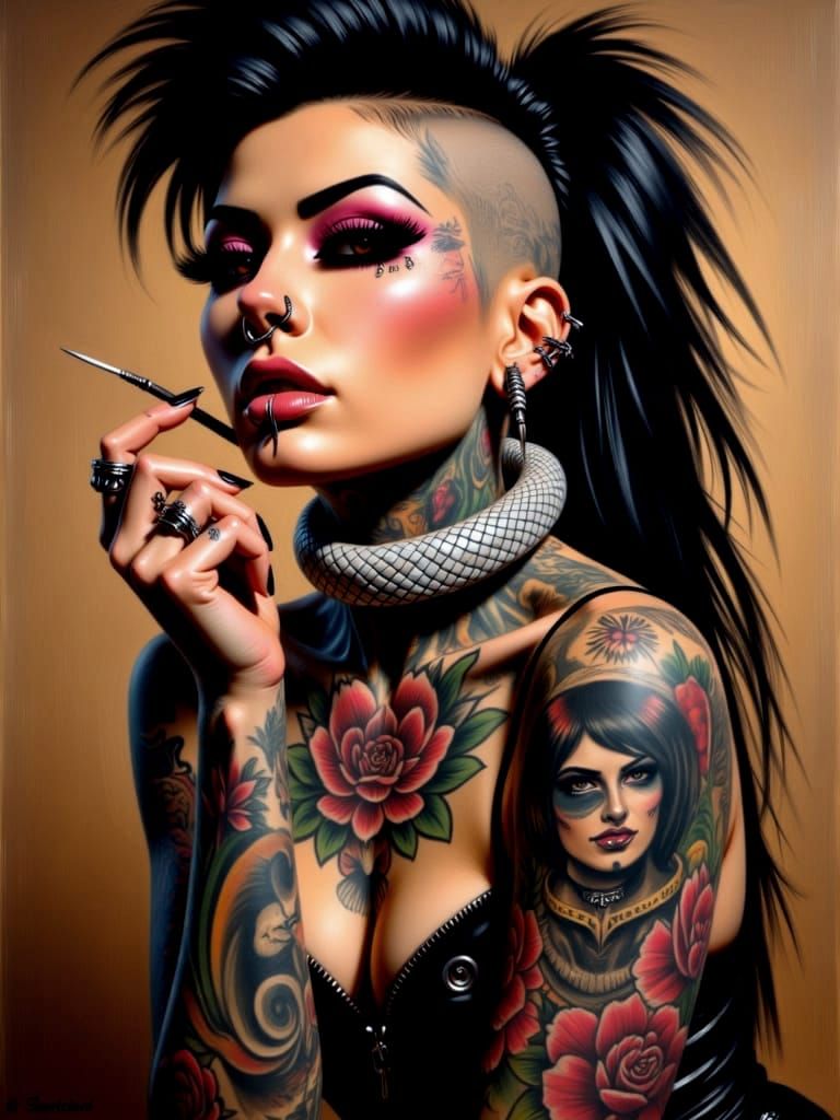 Tattooed Punk Rock Chick Portrait in Oil and Gouache Style