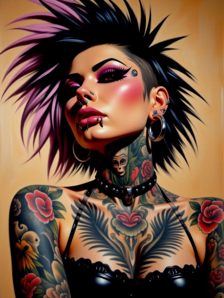 Tattooed Punk Rock Chick Portrait in Oil and Gouache Style