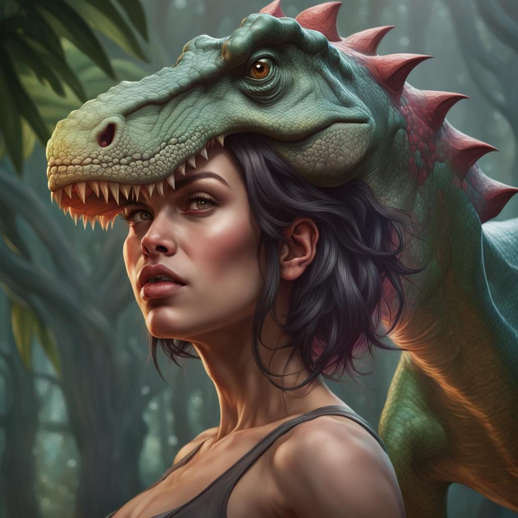 Woman's Startling Dinosaur Transformation: Hyperdetailed Art