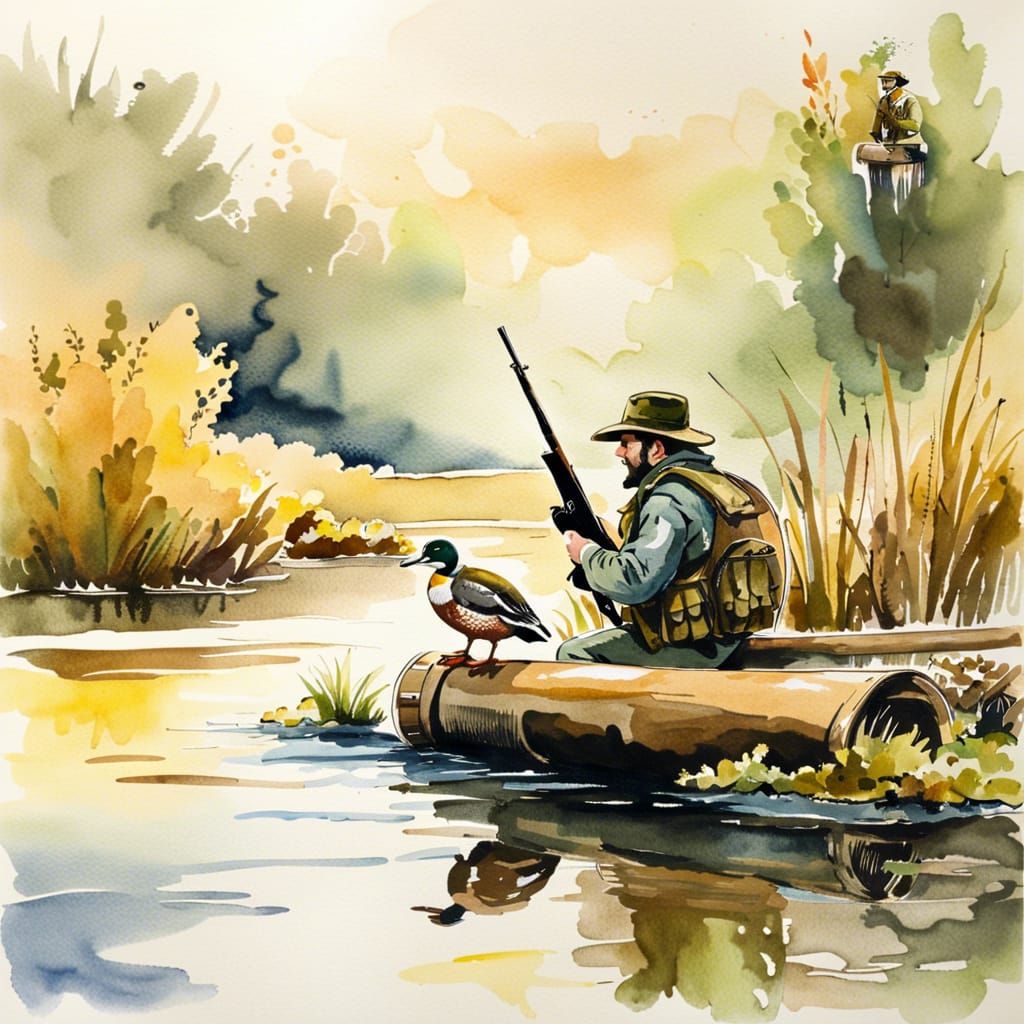 Duck Perched on Rifle in Watercolor Painting
