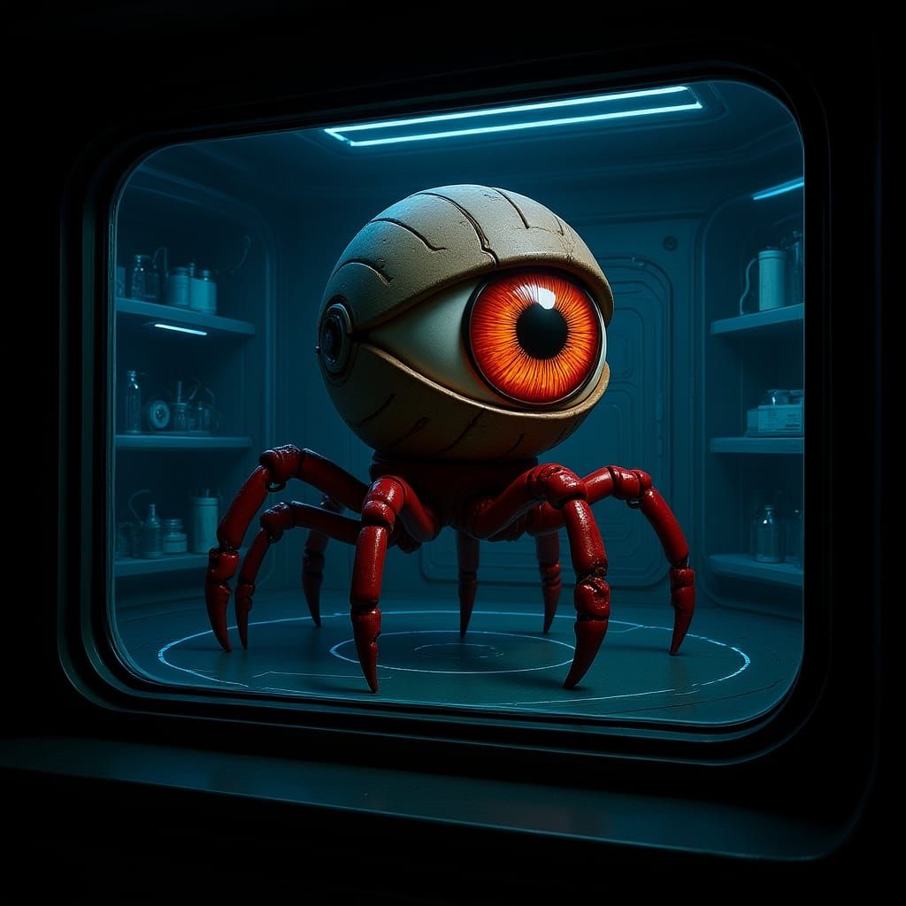 Photorealistic Eyeball Monster in Sci-Fi Lab