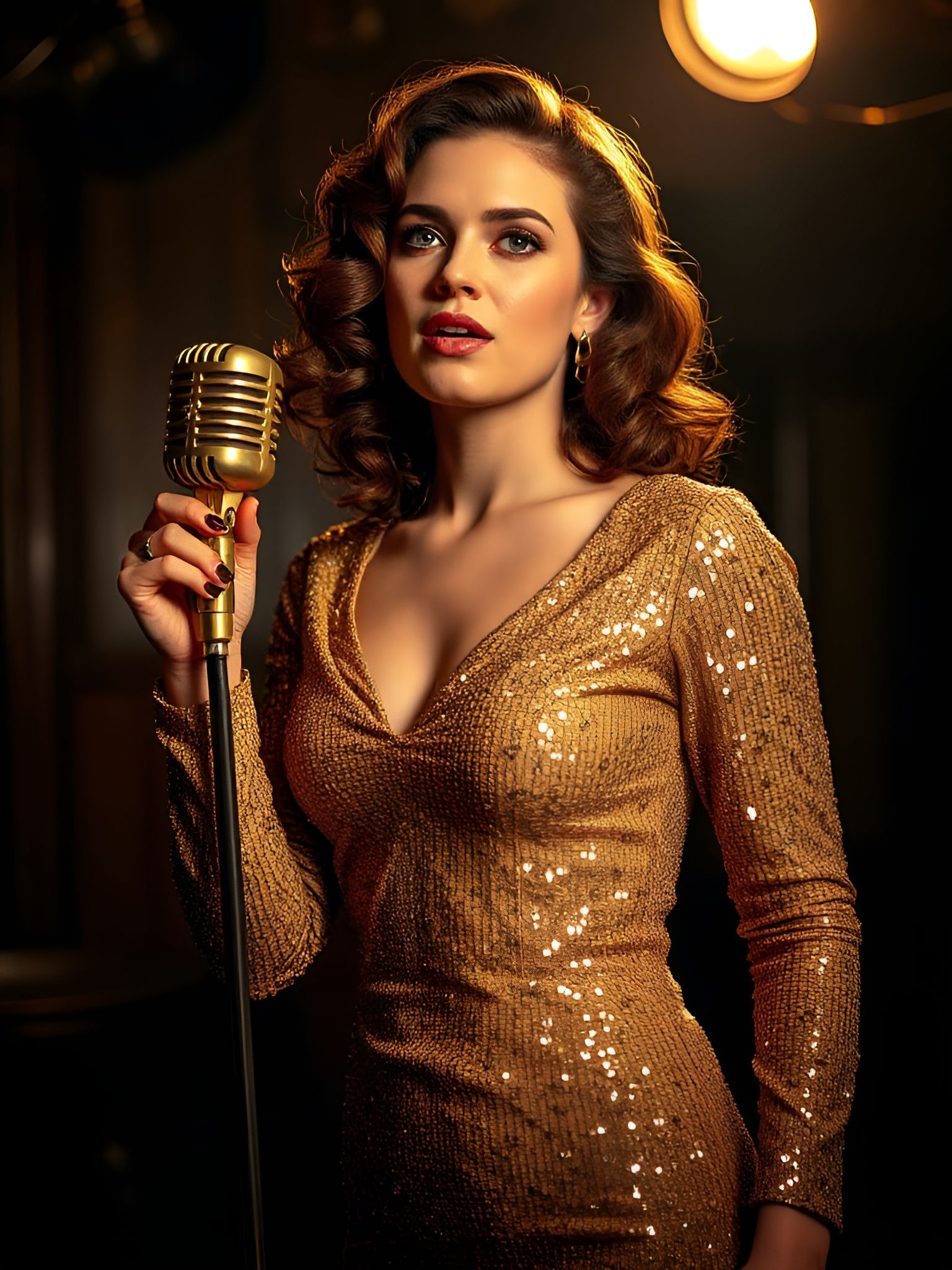 Singer Performs on Vintage Microphone at a Speakeasy