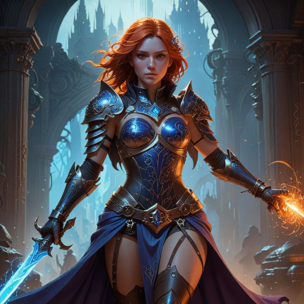 Majestic Fantasy Warrior in Leather Armor Wields Ethereal Sw...