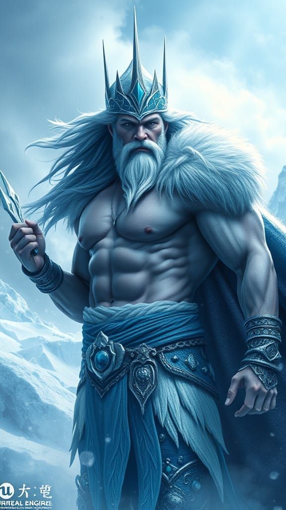 Chiseled Ice King with Regal Long Hair and Frosty Landscape