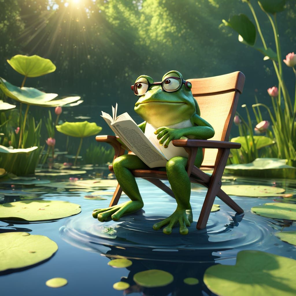 Frog Reading a Novel in Pond: Pixar Style