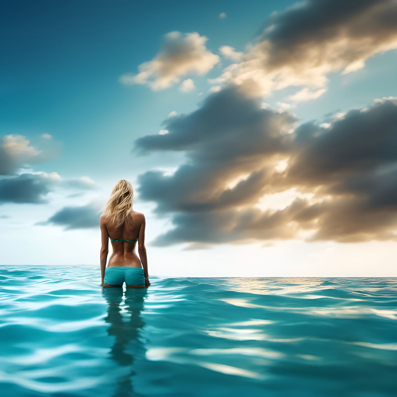 Blonde Woman in Turquoise Caribbean Ocean: Hyperrealistic HD...
