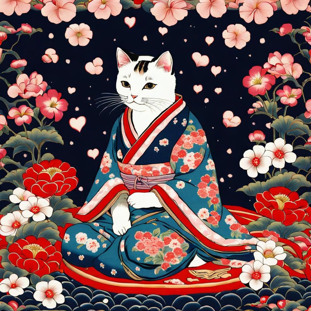 Cute Cat Surrounded by Flowers in Ukiyo-e Style
