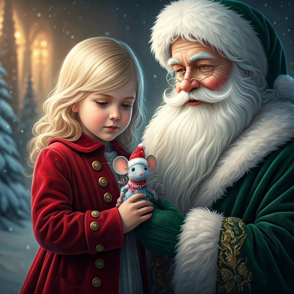 Girl with Christmas Mouse in Winter Wonderland