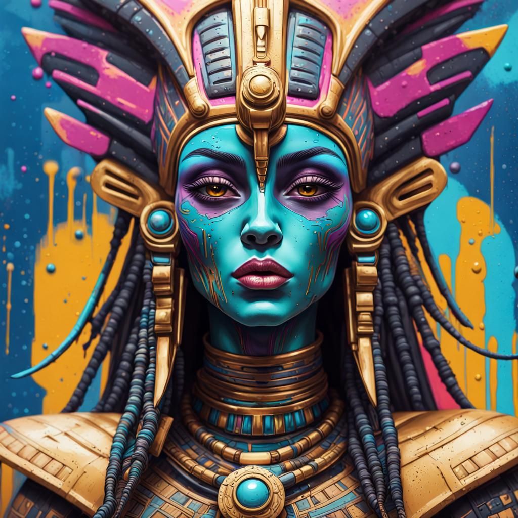 Cyberpunk Egyptian Alien Empress Portrait in Pop Art Deco