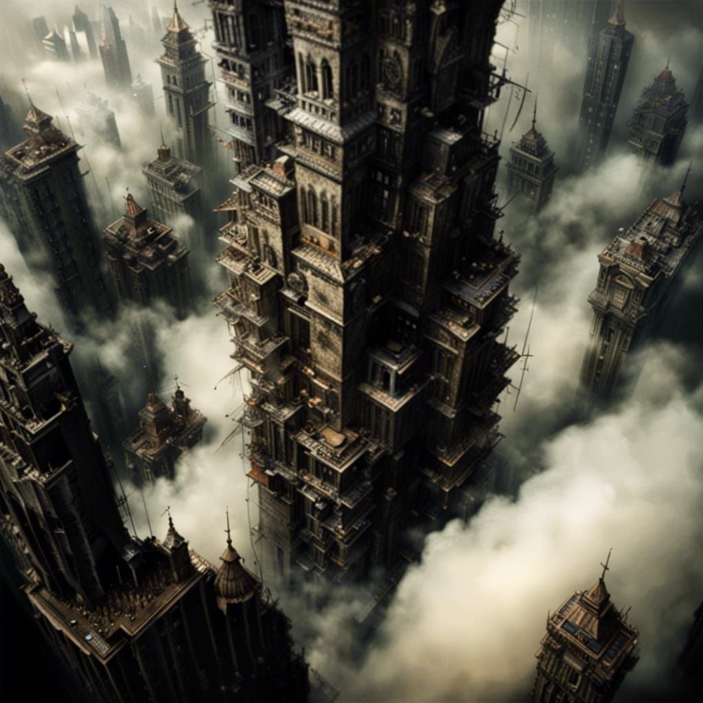 Dark Fantasy City in the Clouds: Gothic Surrealist Art