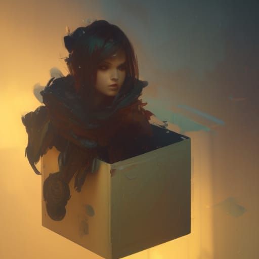Calico Cat in Box: Dark Fantasy Concept Art