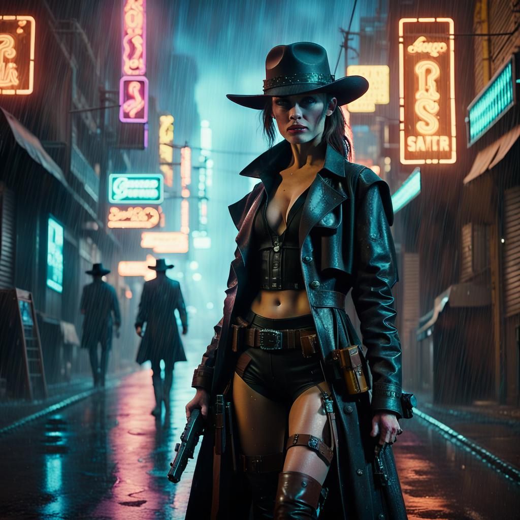 Cyberpunk Gunslinger with Neon Pistols in Rainy City