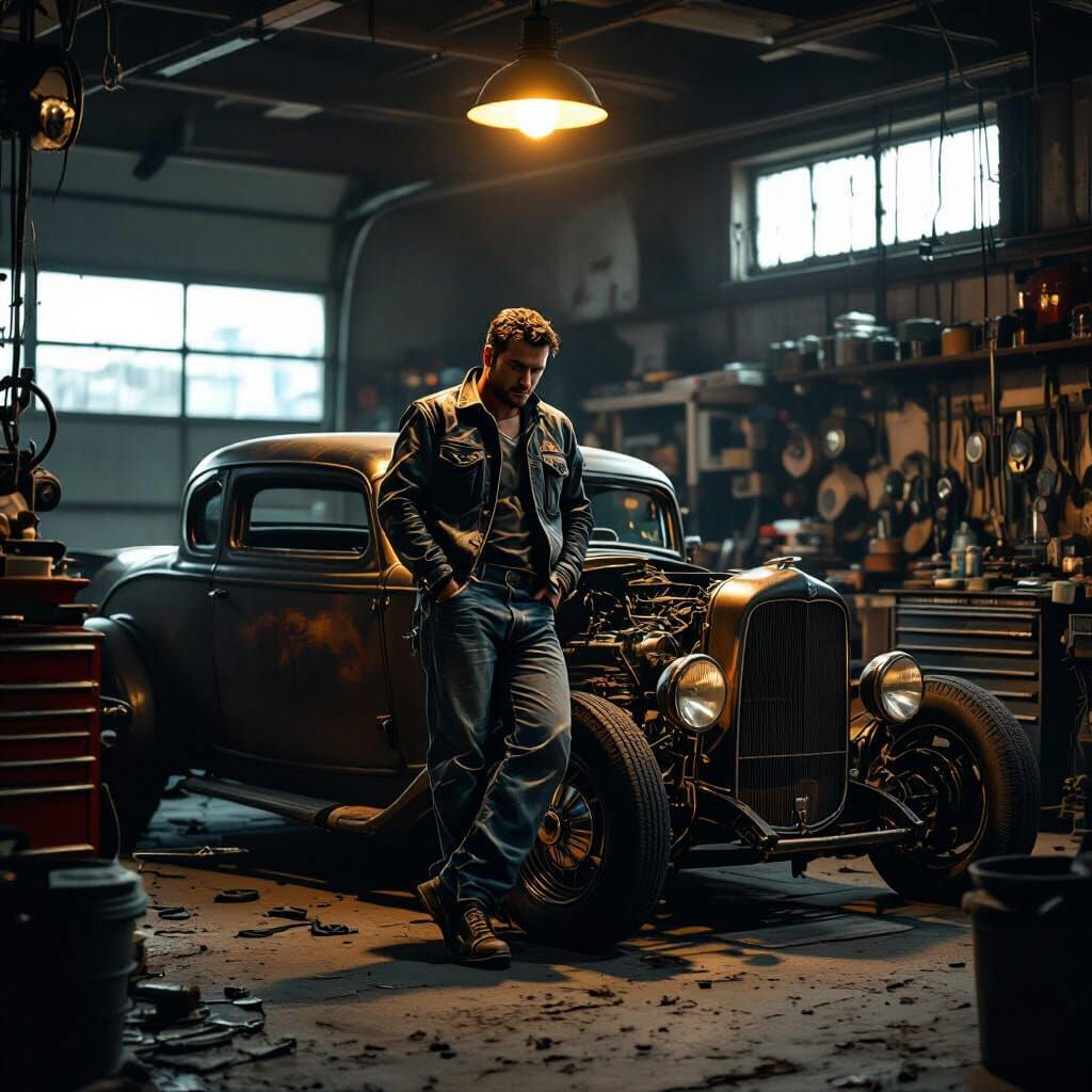 Mechanic and Hot Rod in Photorealistic Style