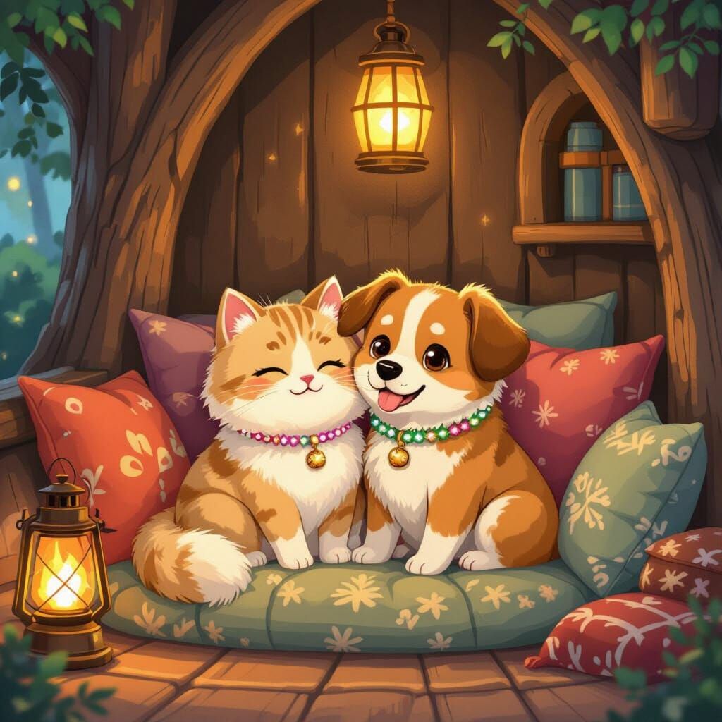 Cozy Treehouse Companions: Cat and Dog in Magical Lounge