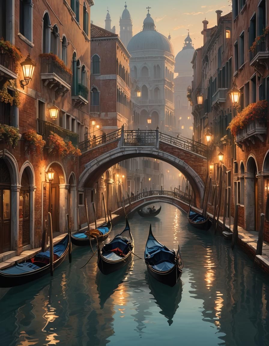 Venice Canal in Autumn Mist: Art Nouveau Concept Art