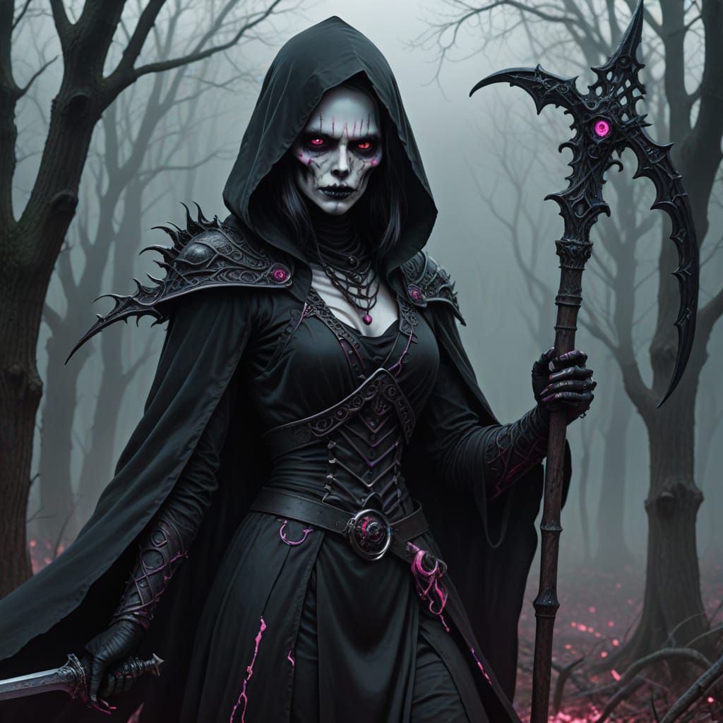 Gothic Female Grim Reaper with Neon Eyes