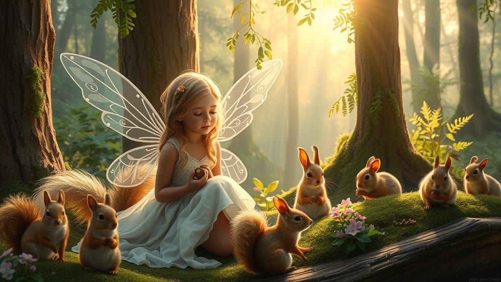 Sunlit Fairy in Forest with Animals