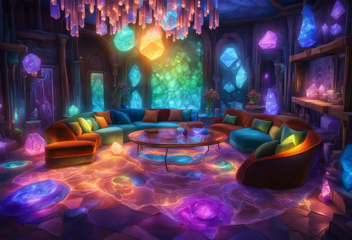 Bioluminescent Crystal Cavern Living Room, Digital Art