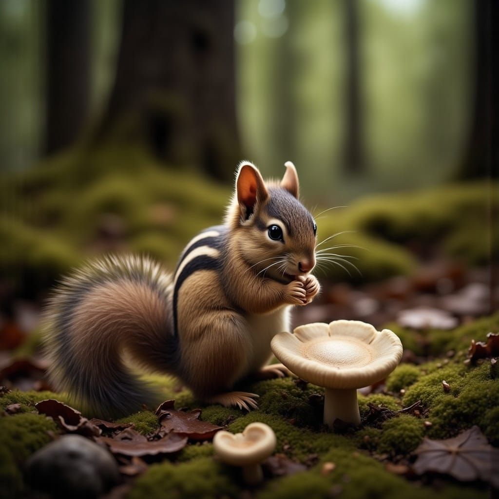 Squirrel in Vivid Mushroom Landscape