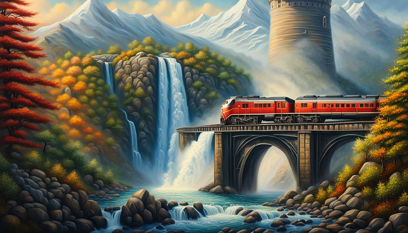 Surreal Train Journey Through Mountain Waterfall