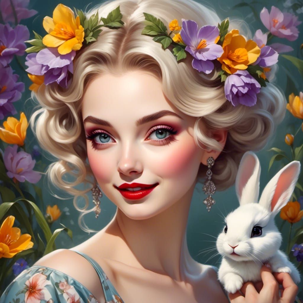 Lady Spring with Bunny in Watercolor Garden