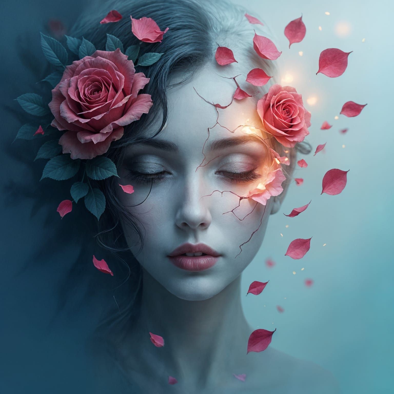 Dissolving Face Portrait with Floating Rose Petals