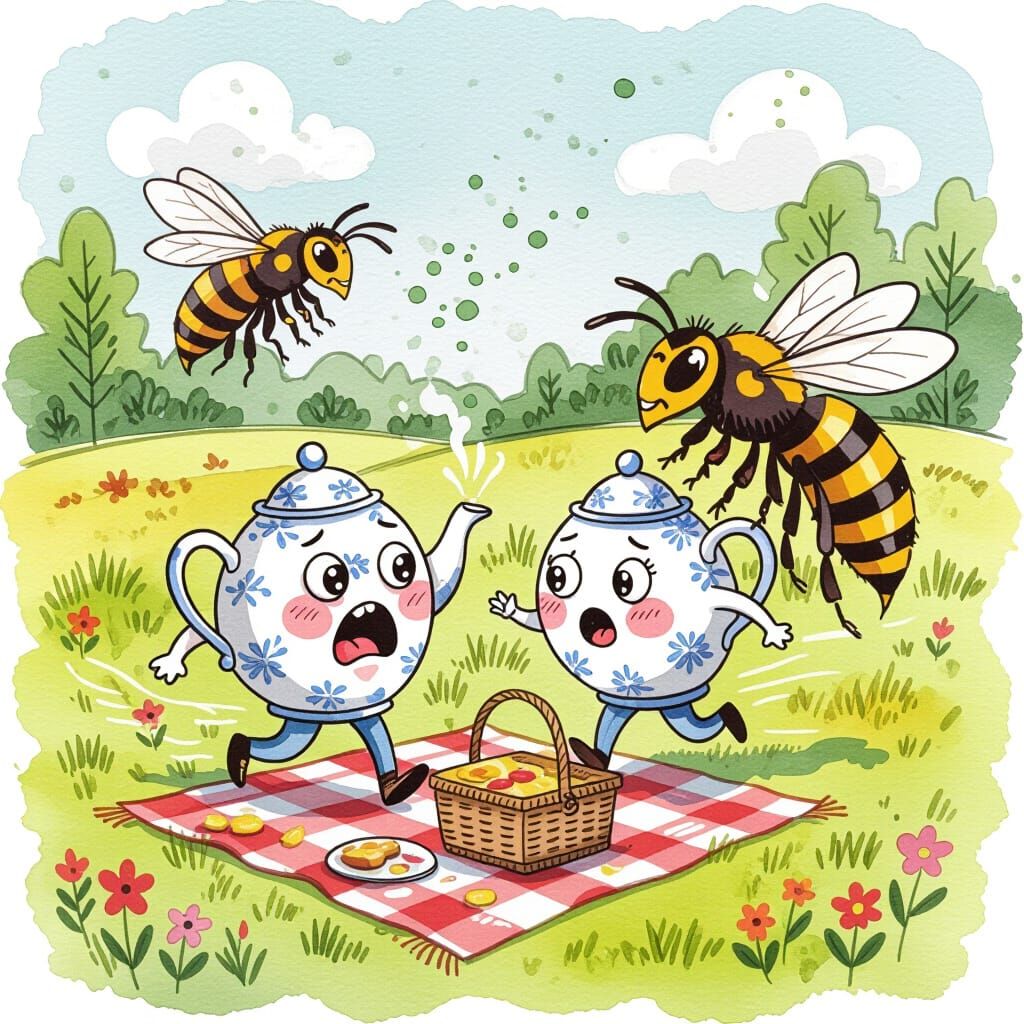 Teapot Couple Flee Giant Hornet in Watercolor Style