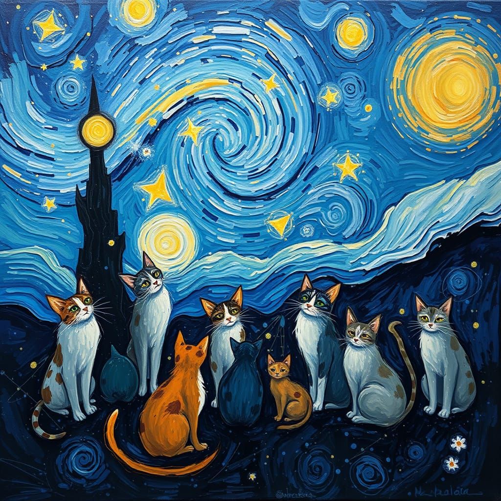 Celestial Gathering of Whimsical Cats in Abstract Minimalist...
