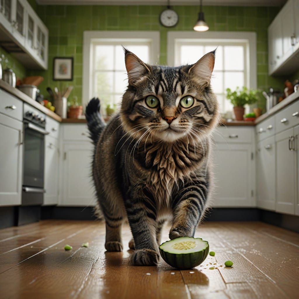 Fuzzy Cat Jumps in Fright from Cucumber