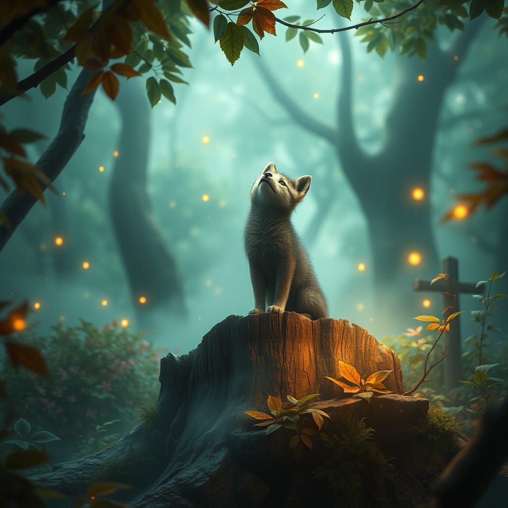 Wolf Cub Amidst Enchanted Forest