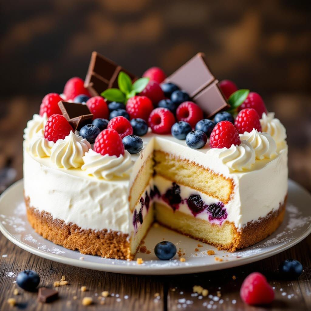 Artistic Cheesecake with Cream and Berries