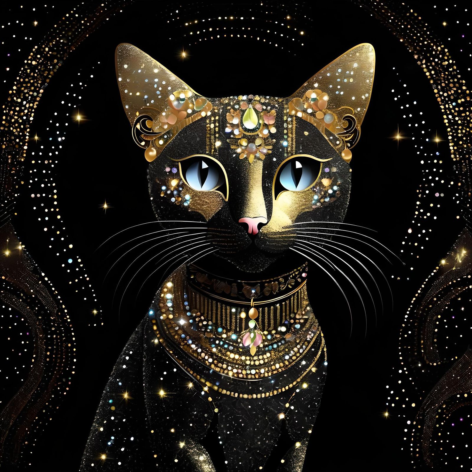 Glittering Cat Portrait in Art Nouveau Style