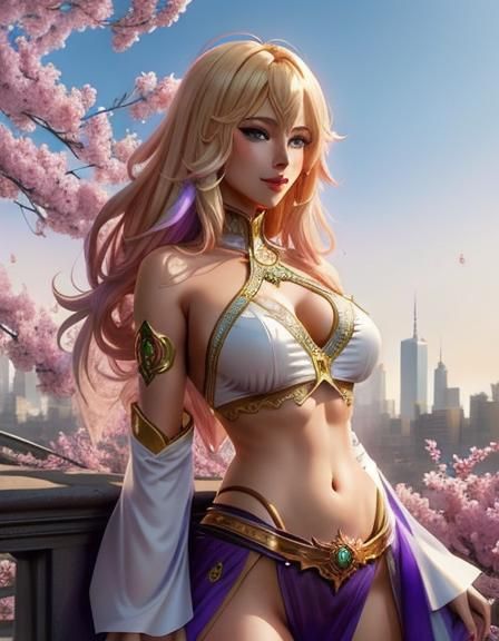 Anime Style Woman with Shifting Hair and Cityscape