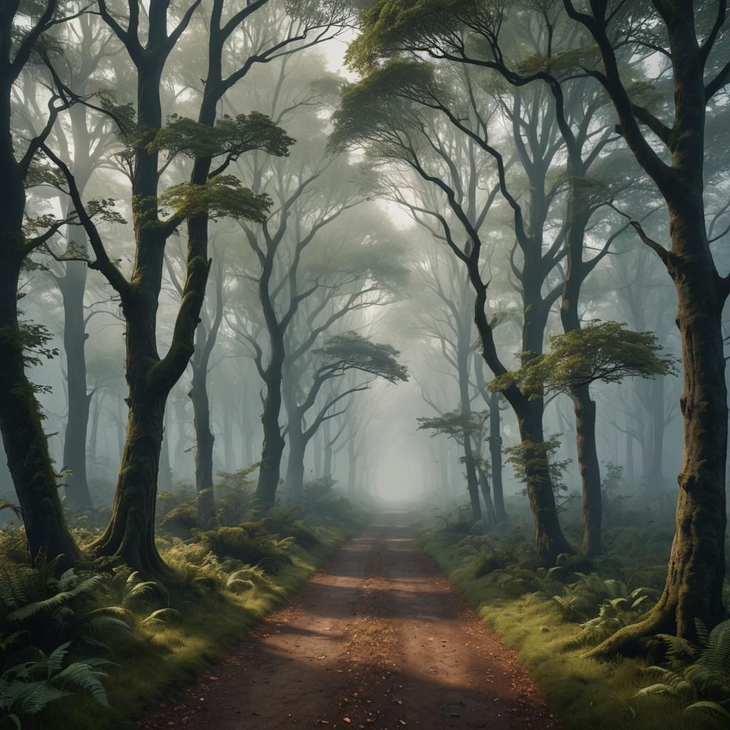 Foggy Forest Path in Realistic Matte Painting Style