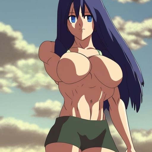 Muscular Woman Flexing in Anime Key Visual Style