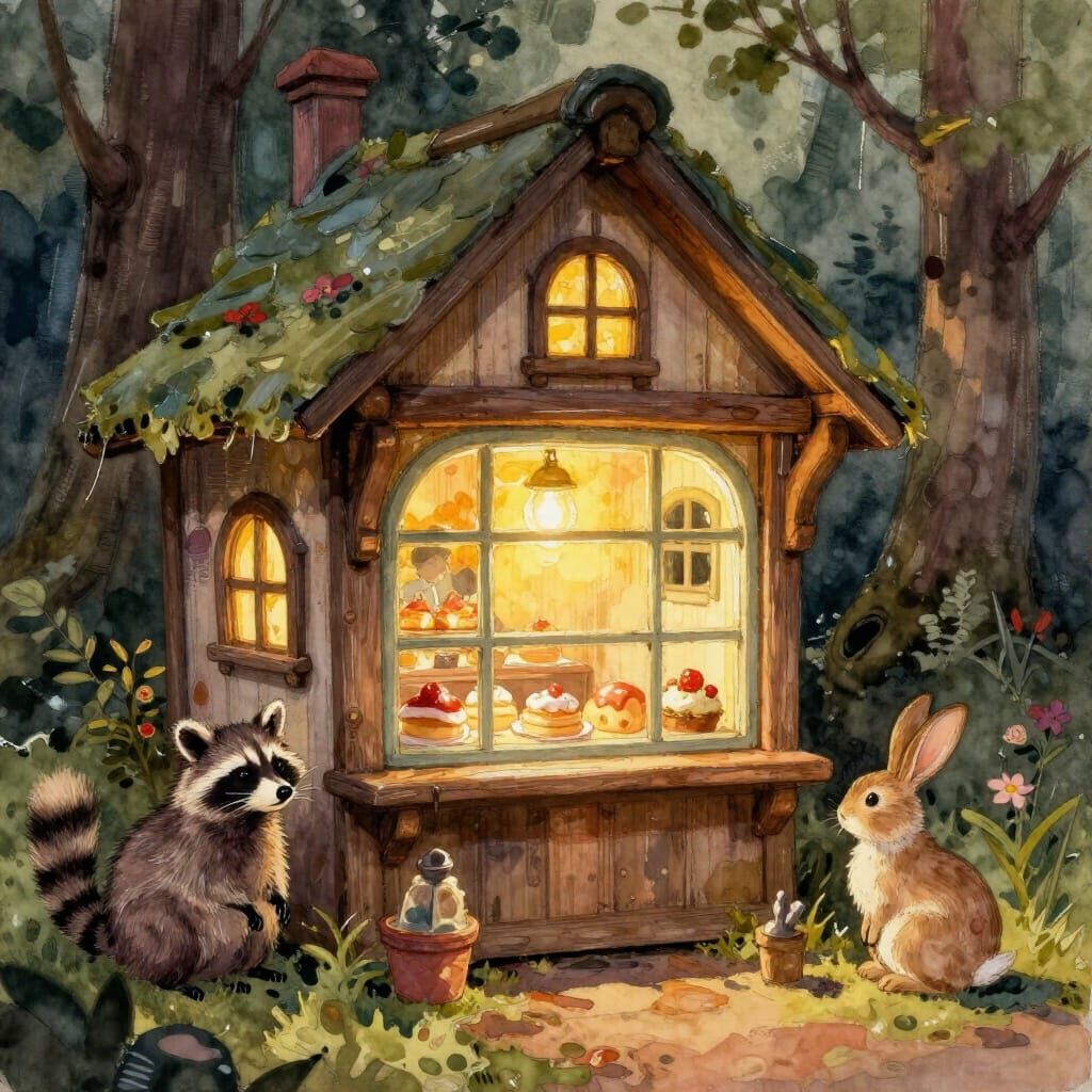 Enchanted Forest Bakery in Storybook Watercolor Style