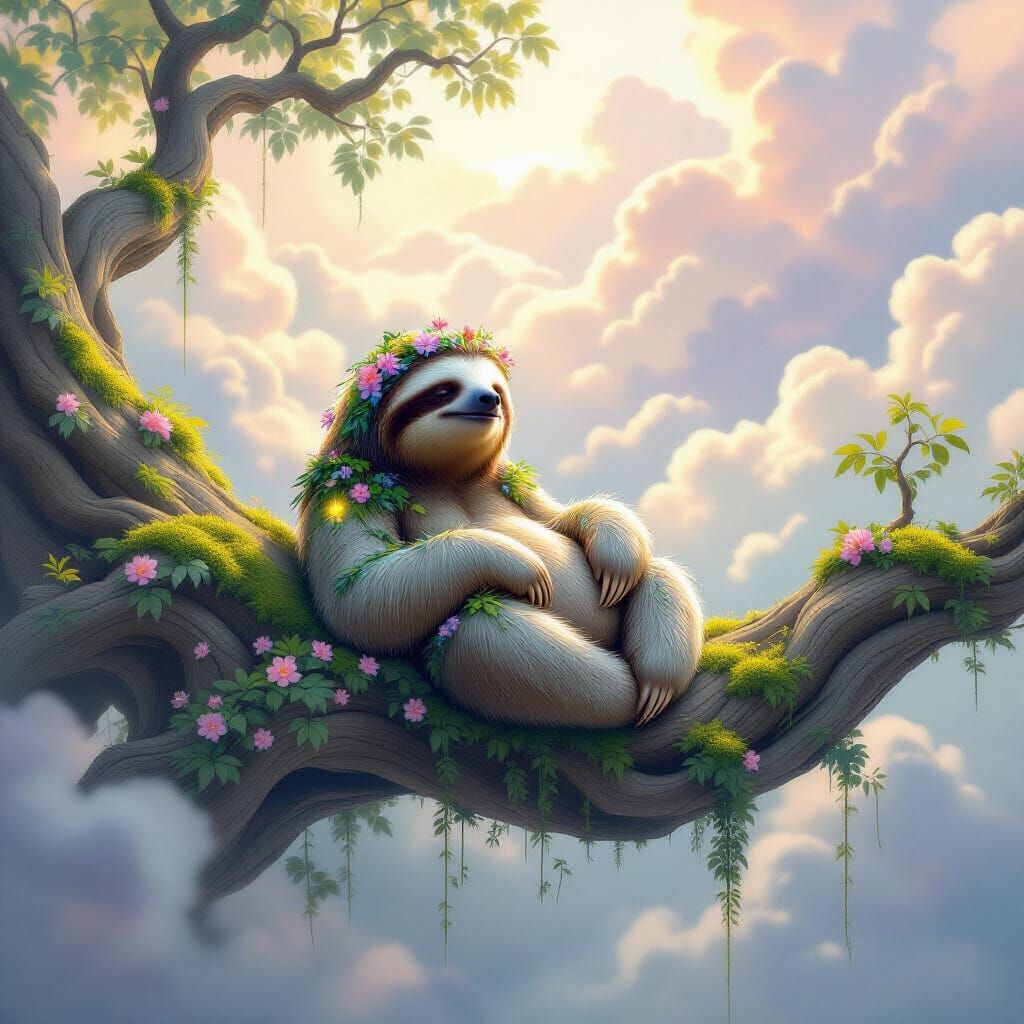 Majestic Sloth Meditating Amidst Ethereal Clouds