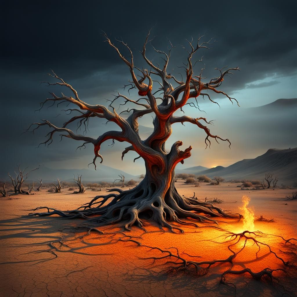 Dystopian Barren Tree in Apocalyptic Sunset