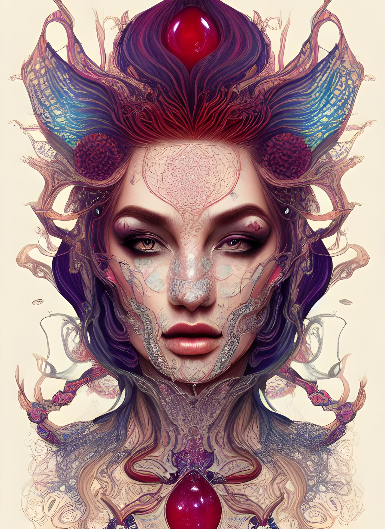 Gemstone Queen Portrait with Ruby Mask in Intricate Detail