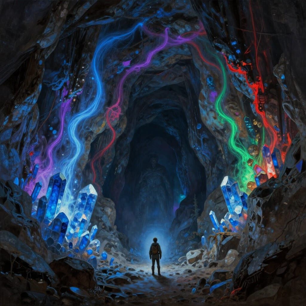 Explorer Gazes at Luminous Crystal Cavern with Shadowy Figur...