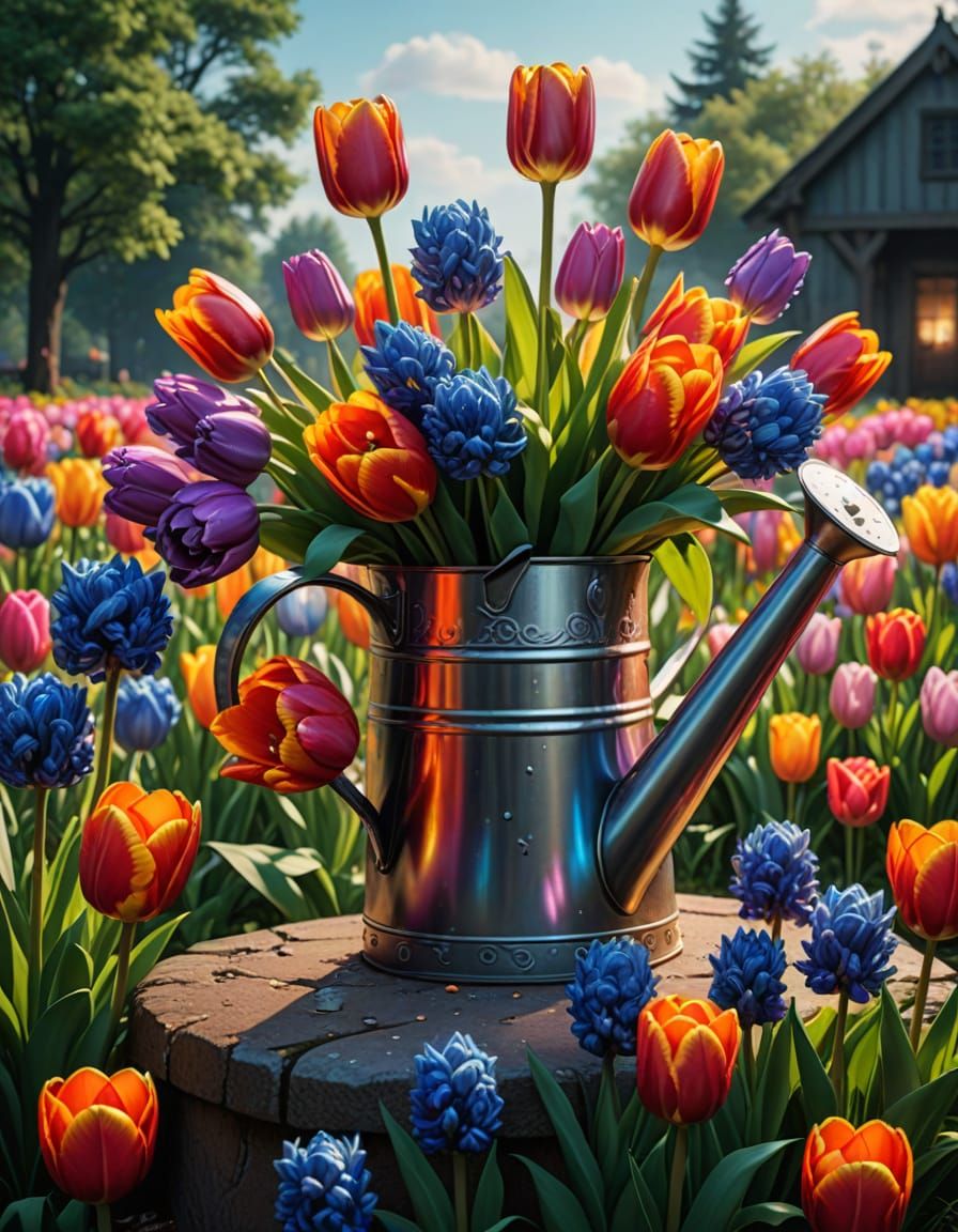 Vibrant Floral Wonders in Iridescent Watering Can