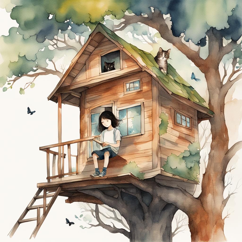 Girl in Treehouse: Watercolor Children's Illustration