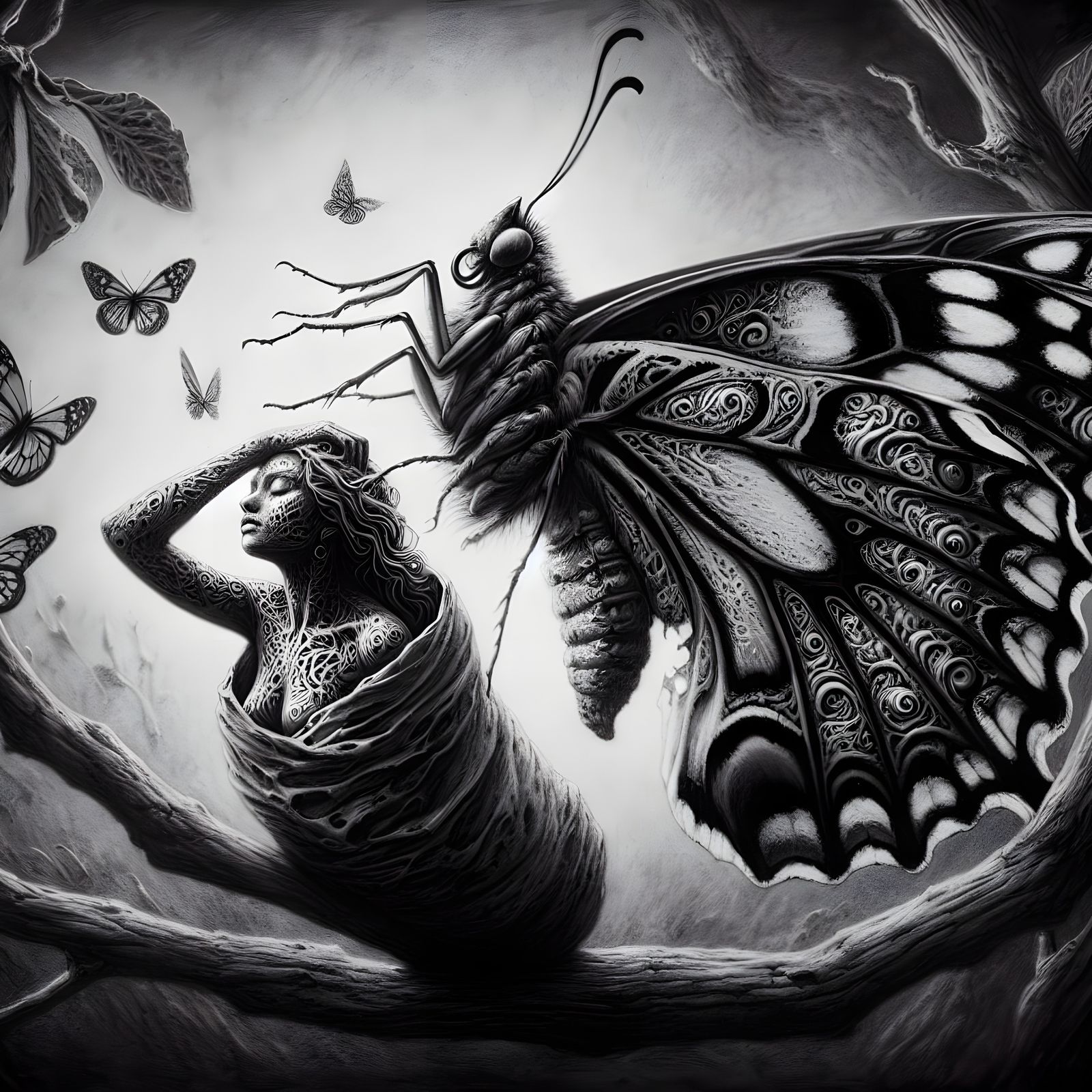 Ethereal Butterfly Woman Emerges: A Charcoal Illustration