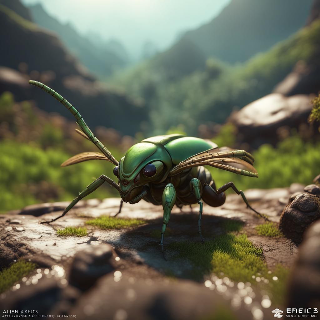 Alien Insects on Cliff in Lush Valley