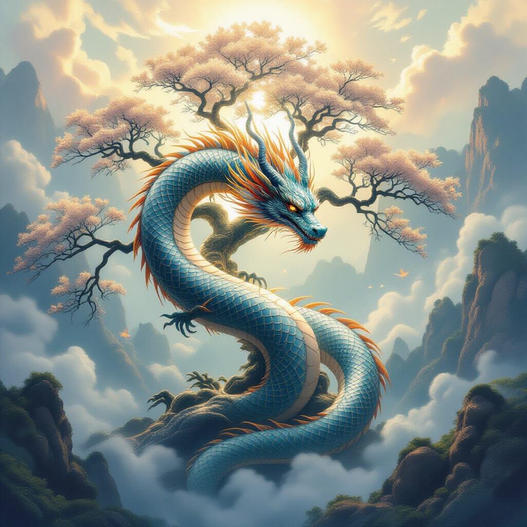 Celestial Dragon and Ethereal Tree in Nihonga Style