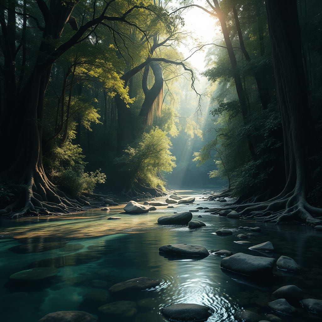 Ethereal River Flows Through Primeval Forest