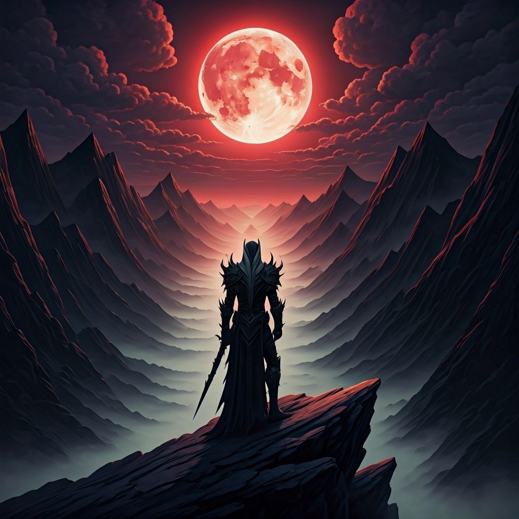 Drow Warrior Under Blood Moon in Dark Fantasy Style